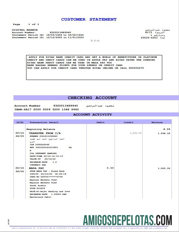 Exemplo de extrato bancário da Arábia Saudita Riyad em Word e PDF
